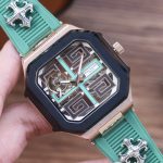 Patek Philippe men's skeletonized automatic mechanical watch, featuring the brand logo, blue balloon-shaped strap, leather strap, and steel bracelet.