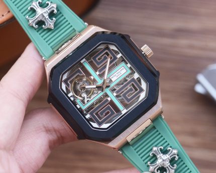 Patek Philippe men's skeletonized automatic mechanical watch, featuring the brand logo, blue balloon-shaped strap, leather strap, and steel bracelet.